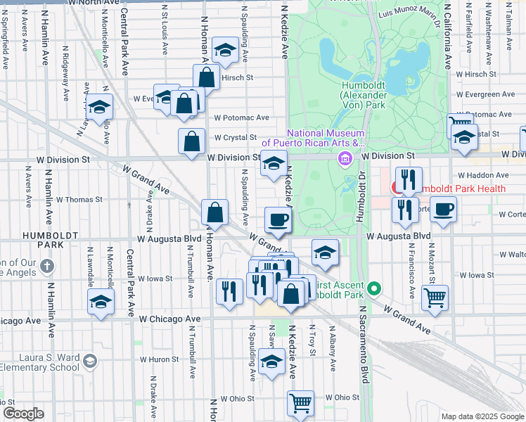 map of restaurants, bars, coffee shops, grocery stores, and more near 3226 West Thomas Street in Chicago