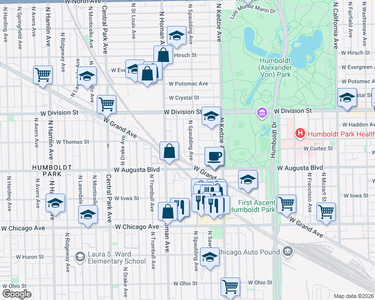 map of restaurants, bars, coffee shops, grocery stores, and more near 1064 North Spaulding Avenue in Chicago