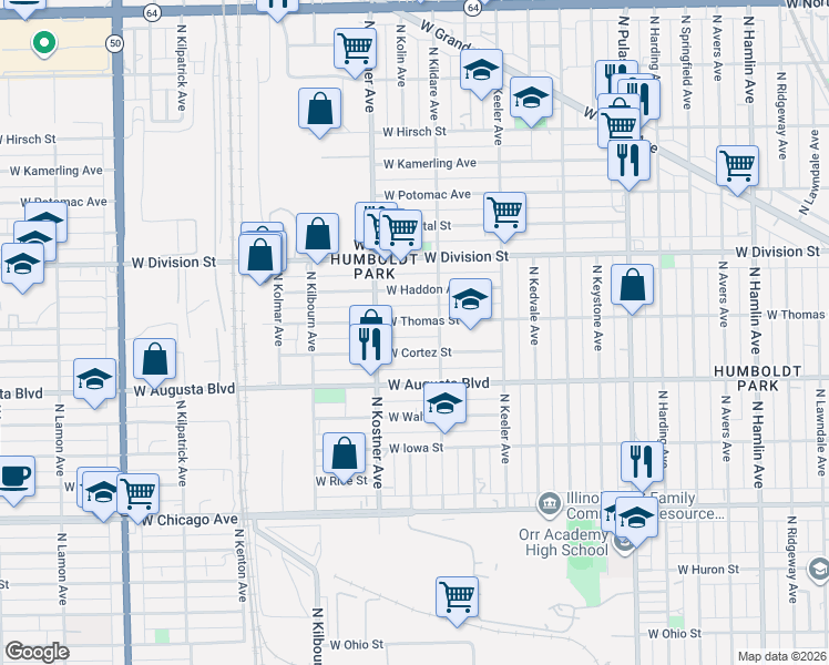 map of restaurants, bars, coffee shops, grocery stores, and more near 4332 West Thomas Street in Chicago