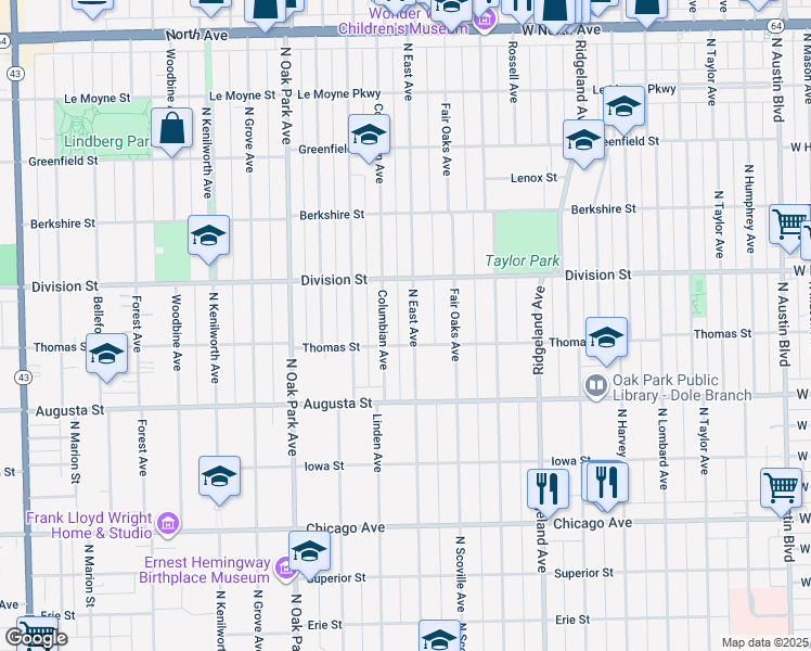 map of restaurants, bars, coffee shops, grocery stores, and more near 831 North East Avenue in Oak Park