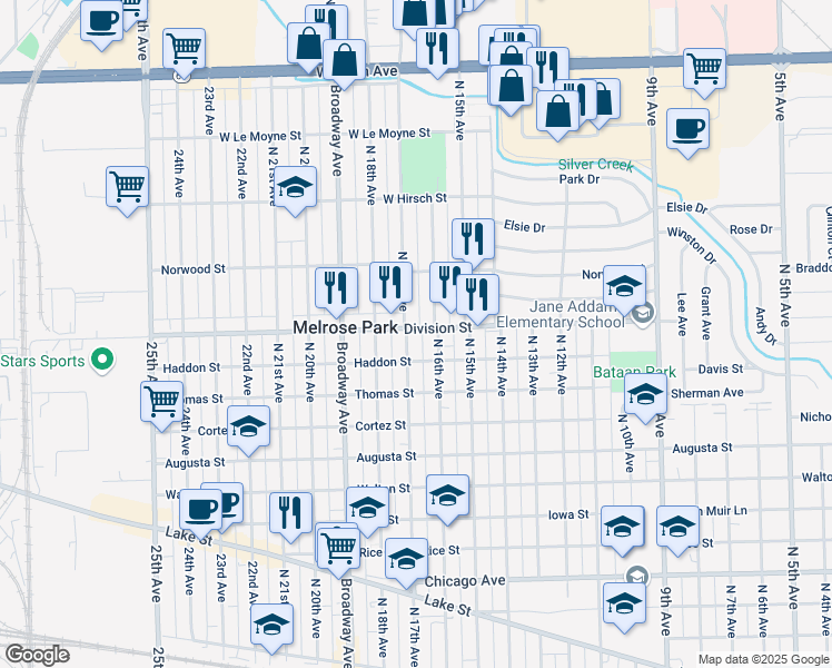 map of restaurants, bars, coffee shops, grocery stores, and more near 1508 North 16th Avenue in Melrose Park