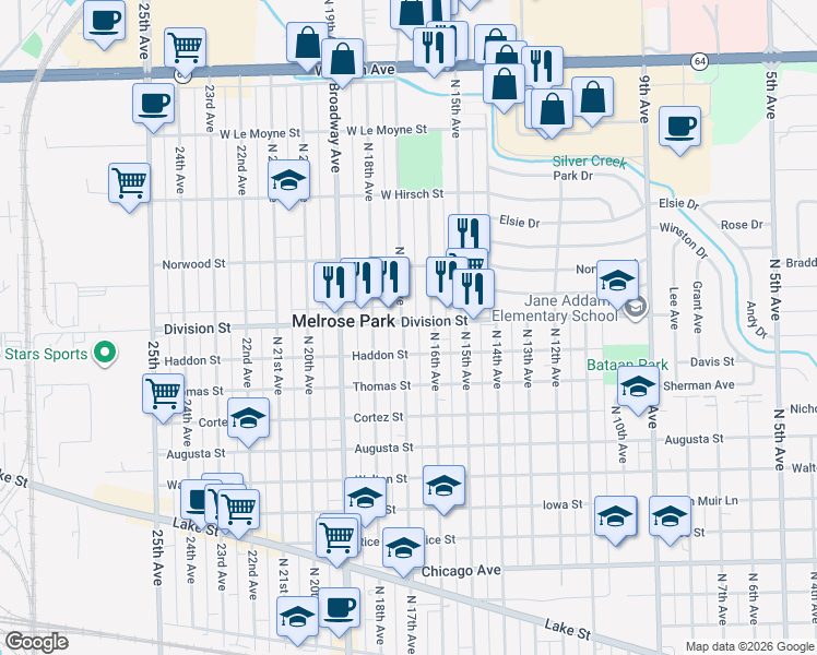 map of restaurants, bars, coffee shops, grocery stores, and more near 1508 North 16th Avenue in Melrose Park
