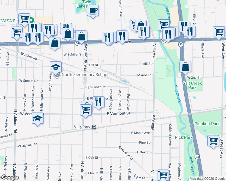 map of restaurants, bars, coffee shops, grocery stores, and more near 120 East Sunset Drive in Villa Park