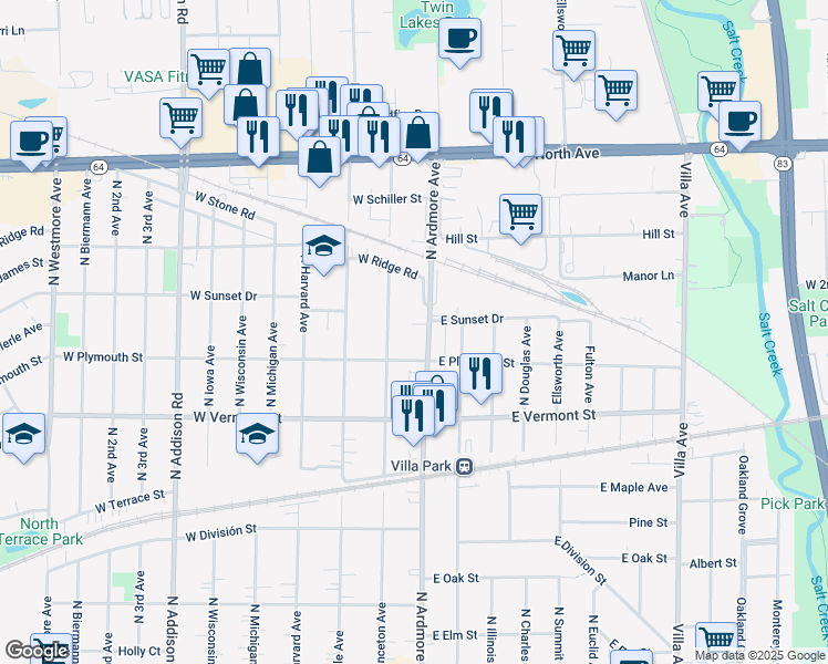 map of restaurants, bars, coffee shops, grocery stores, and more near 558 North Ardmore Avenue in Villa Park
