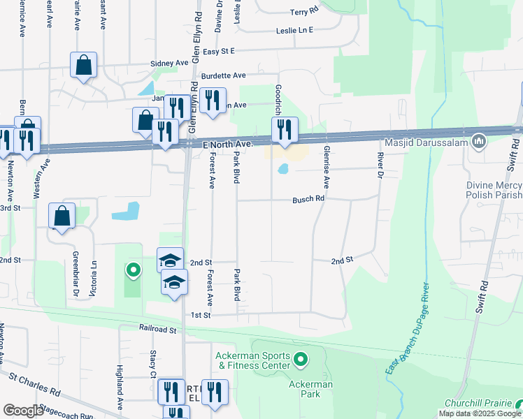 map of restaurants, bars, coffee shops, grocery stores, and more near 22W248 Busch Road in Glen Ellyn