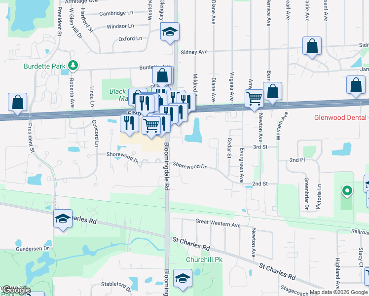 map of restaurants, bars, coffee shops, grocery stores, and more near 1123 Bloomingdale Road in Glendale Heights