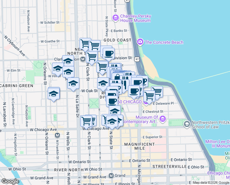 map of restaurants, bars, coffee shops, grocery stores, and more near 940 North Rush Street in Chicago