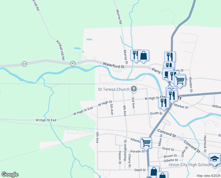map of restaurants, bars, coffee shops, grocery stores, and more near 10 5th Avenue in Union City