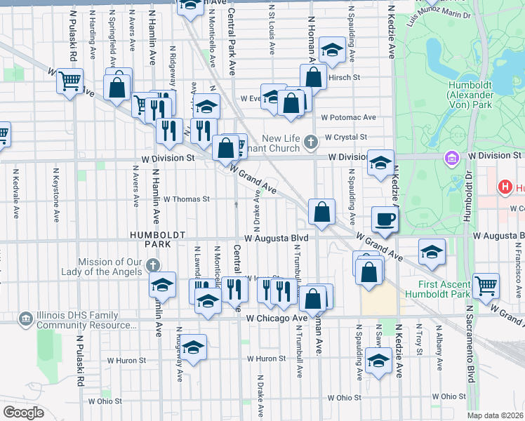 map of restaurants, bars, coffee shops, grocery stores, and more near 1043 North Drake Avenue in Chicago