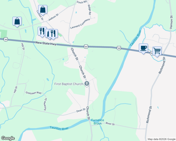 map of restaurants, bars, coffee shops, grocery stores, and more near 535 Church Street in Raynham