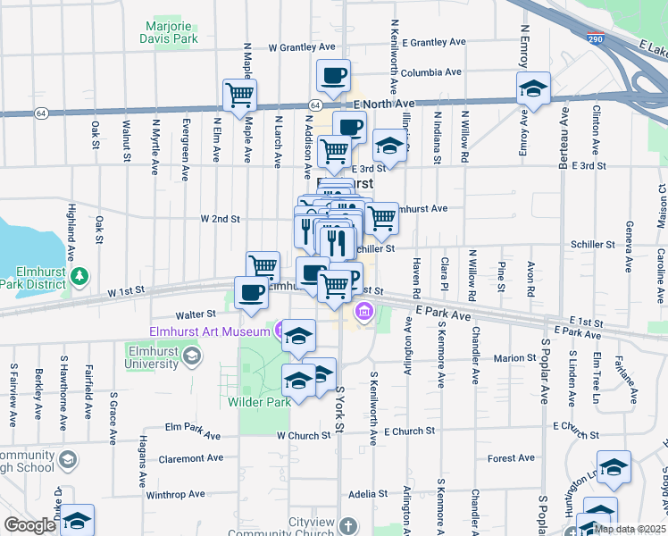map of restaurants, bars, coffee shops, grocery stores, and more near 155 North York Street in Elmhurst