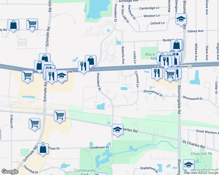 map of restaurants, bars, coffee shops, grocery stores, and more near 873 Pembrook Court in Carol Stream