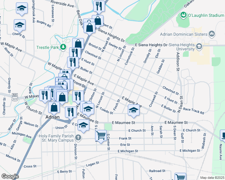 map of restaurants, bars, coffee shops, grocery stores, and more near 427 Comstock Street in Adrian