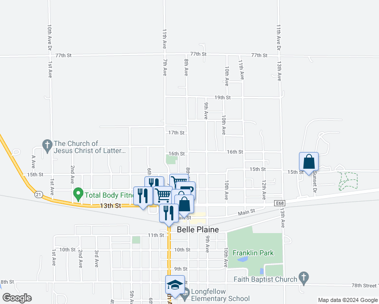 map of restaurants, bars, coffee shops, grocery stores, and more near 807 16th Street in Belle Plaine