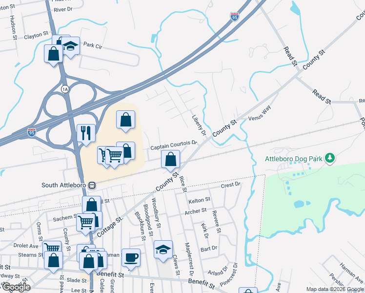 map of restaurants, bars, coffee shops, grocery stores, and more near 39 Captain Courtois Drive in Attleboro