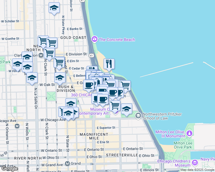 map of restaurants, bars, coffee shops, grocery stores, and more near 187 East Lake Shore Drive in Chicago