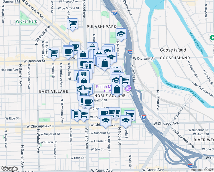 map of restaurants, bars, coffee shops, grocery stores, and more near 1450 West Cortez Street in Chicago