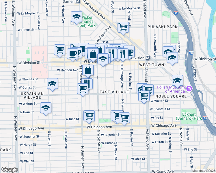 map of restaurants, bars, coffee shops, grocery stores, and more near 1027 North Honore Street in Chicago