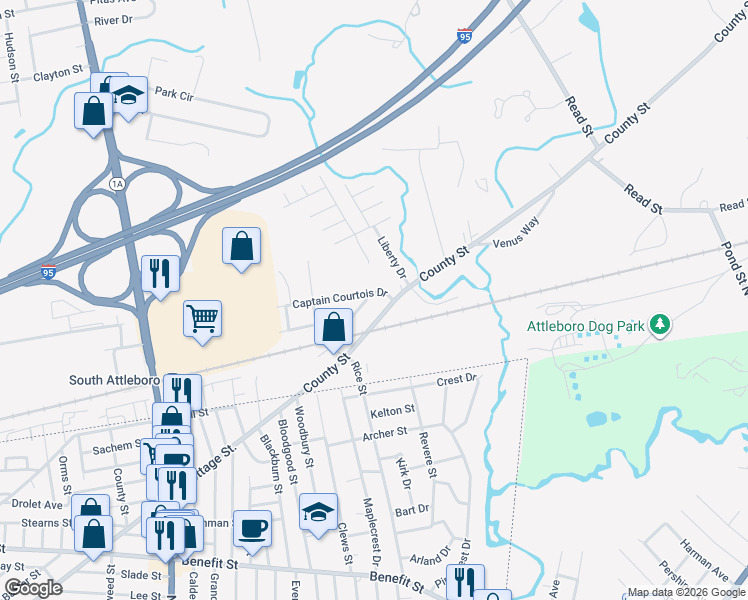 map of restaurants, bars, coffee shops, grocery stores, and more near 39 Captain Courtois Drive in Attleboro