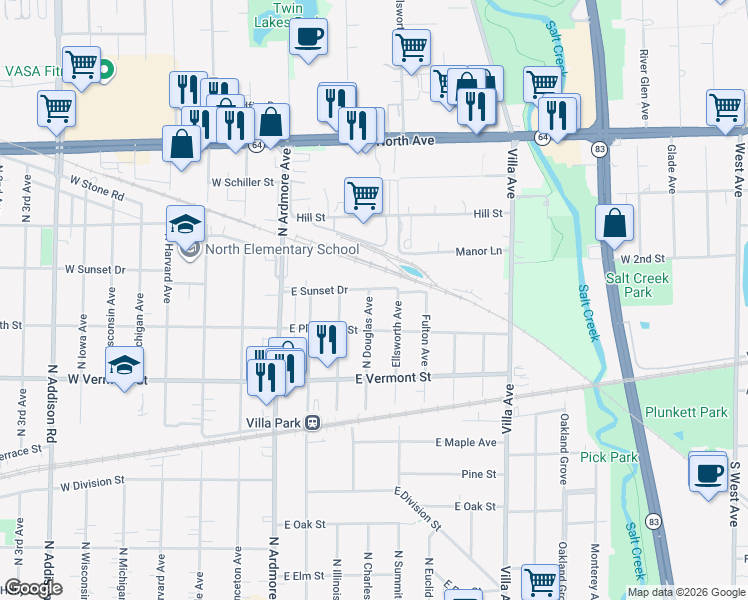 map of restaurants, bars, coffee shops, grocery stores, and more near 120 East Sunset Drive in Villa Park