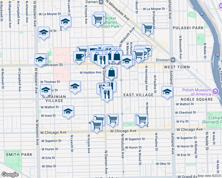 map of restaurants, bars, coffee shops, grocery stores, and more near 1028 North Winchester Avenue in Chicago