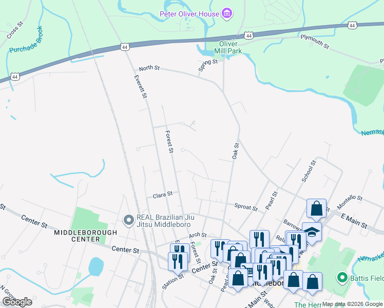 map of restaurants, bars, coffee shops, grocery stores, and more near 39 Becca Lane in Middleborough