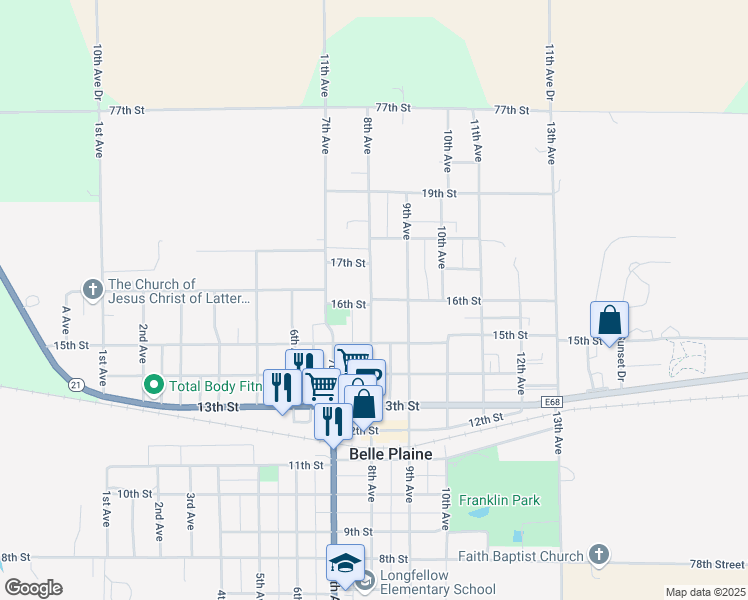 map of restaurants, bars, coffee shops, grocery stores, and more near 807 16th Street in Belle Plaine