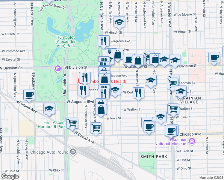 map of restaurants, bars, coffee shops, grocery stores, and more near 2728 West Cortez Street in Chicago