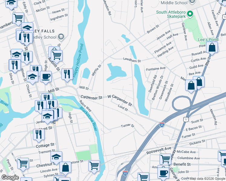 map of restaurants, bars, coffee shops, grocery stores, and more near 43 Lawn Street in Attleboro