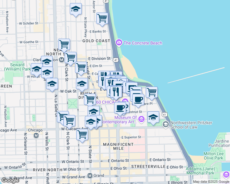 map of restaurants, bars, coffee shops, grocery stores, and more near in Chicago