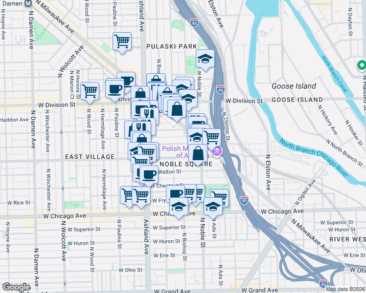 map of restaurants, bars, coffee shops, grocery stores, and more near 1450 West Cortez Street in Chicago