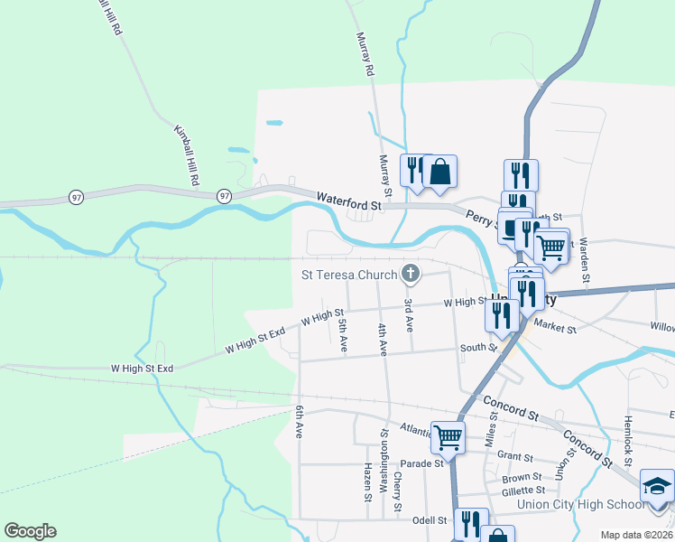 map of restaurants, bars, coffee shops, grocery stores, and more near 10 5th Avenue in Union City