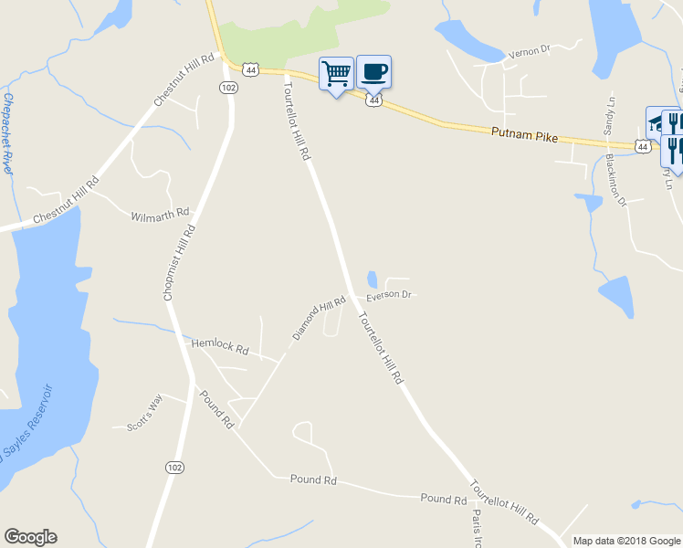 map of restaurants, bars, coffee shops, grocery stores, and more near 181 Tourtellot Hill Road in Glocester