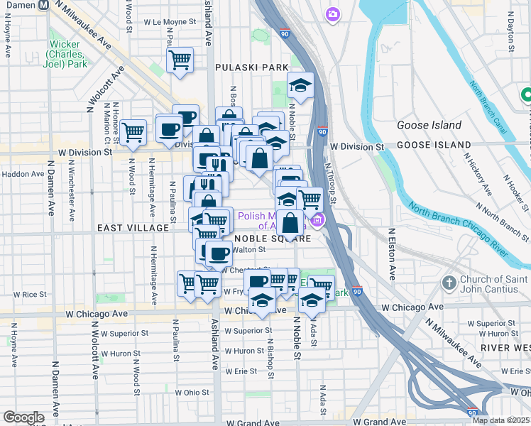 map of restaurants, bars, coffee shops, grocery stores, and more near 1445 West Cortez Street in Chicago