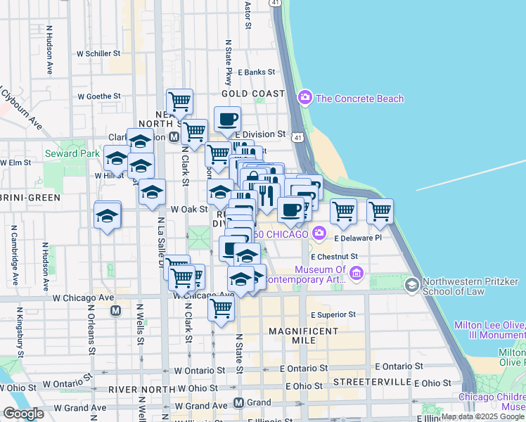 map of restaurants, bars, coffee shops, grocery stores, and more near 41 East Oak Street in Chicago