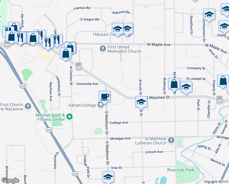 map of restaurants, bars, coffee shops, grocery stores, and more near 1132 West Maumee Street in Adrian