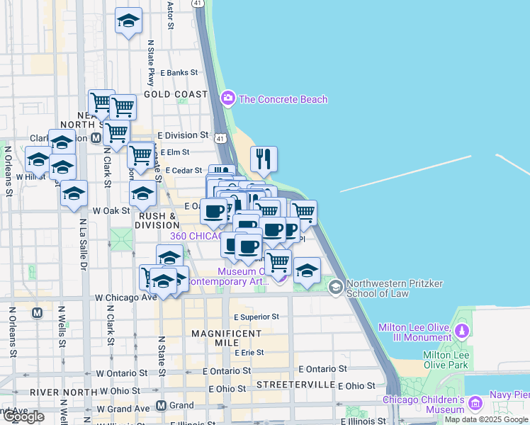 map of restaurants, bars, coffee shops, grocery stores, and more near 187 East Lake Shore Drive in Chicago