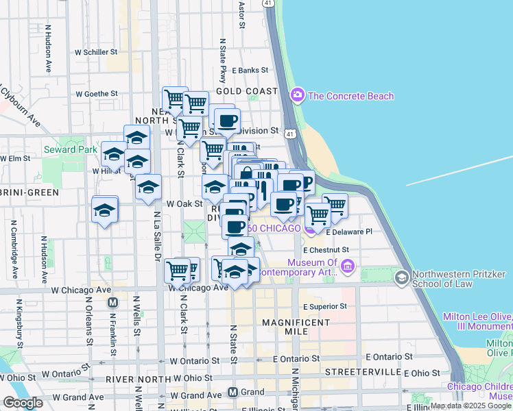 map of restaurants, bars, coffee shops, grocery stores, and more near 60 East Oak Street in Chicago