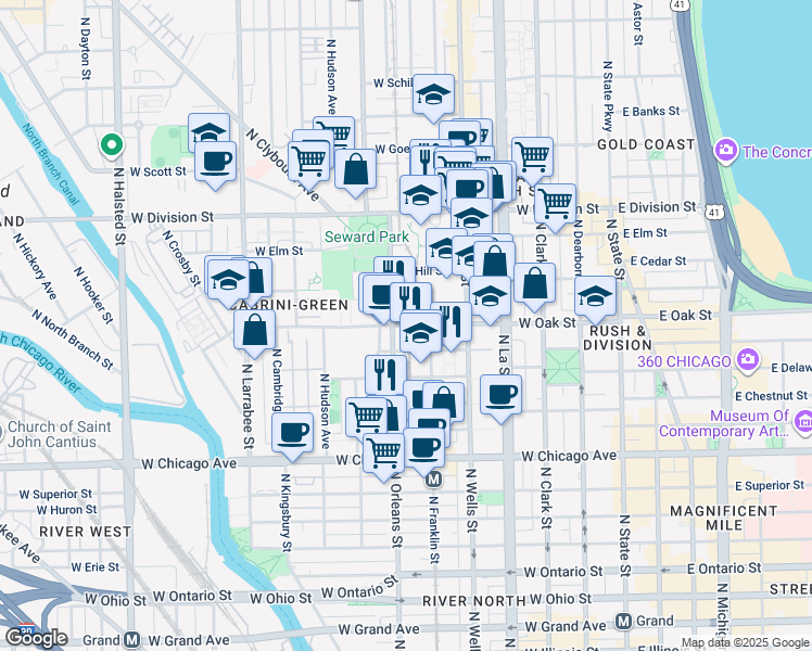 map of restaurants, bars, coffee shops, grocery stores, and more near 1000 North Orleans Street in Chicago