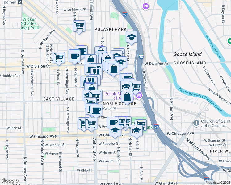 map of restaurants, bars, coffee shops, grocery stores, and more near 1450 West Cortez Street in Chicago