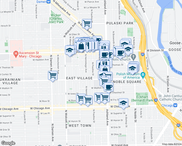 map of restaurants, bars, coffee shops, grocery stores, and more near 1716 West Cortez Street in Chicago