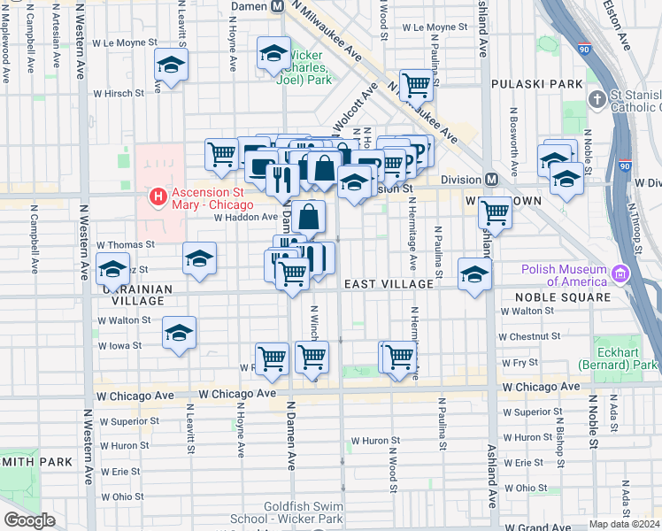 map of restaurants, bars, coffee shops, grocery stores, and more near 1048 North Wolcott Avenue in Chicago