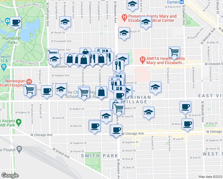 map of restaurants, bars, coffee shops, grocery stores, and more near 2437 West Thomas Street in Chicago