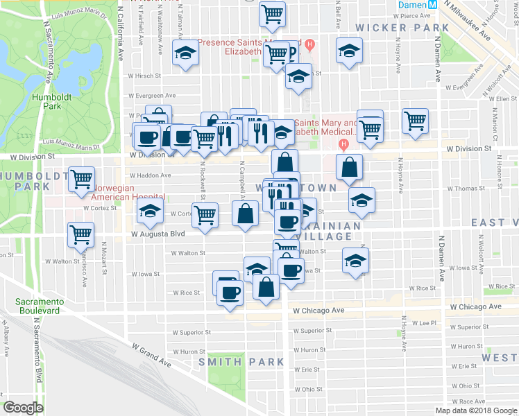 map of restaurants, bars, coffee shops, grocery stores, and more near 2437 West Thomas Street in Chicago