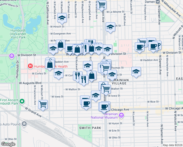 map of restaurants, bars, coffee shops, grocery stores, and more near in Chicago