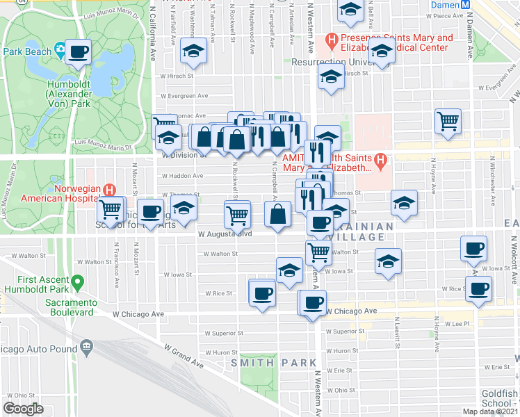 map of restaurants, bars, coffee shops, grocery stores, and more near 2525 West Thomas Street in Chicago