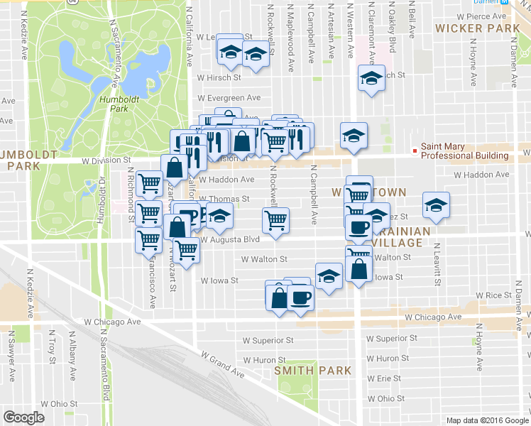 map of restaurants, bars, coffee shops, grocery stores, and more near 2625 West Thomas Street in Chicago