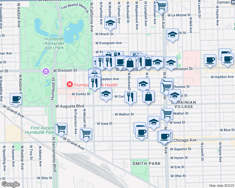 map of restaurants, bars, coffee shops, grocery stores, and more near 2625 West Thomas Street in Chicago
