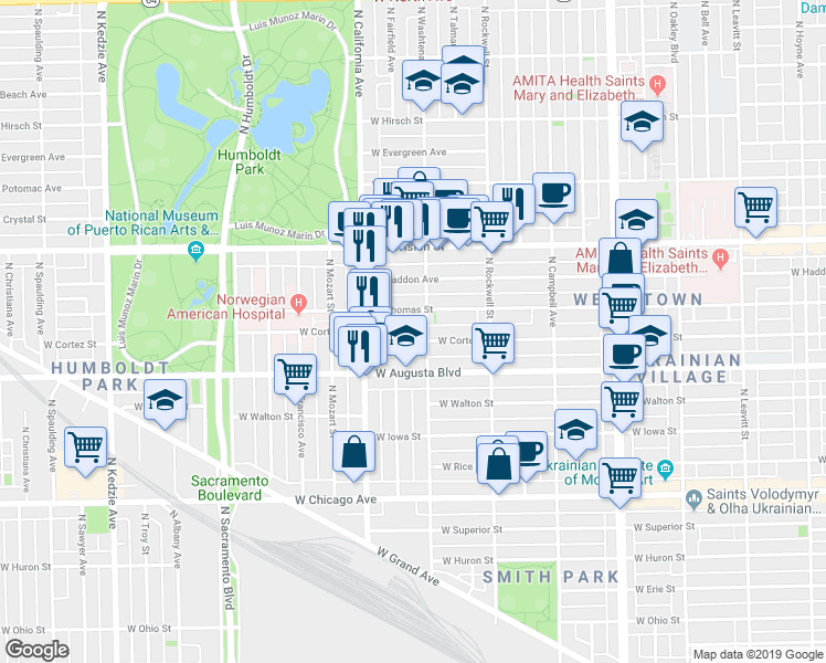 map of restaurants, bars, coffee shops, grocery stores, and more near 2701 West Thomas Street in Chicago