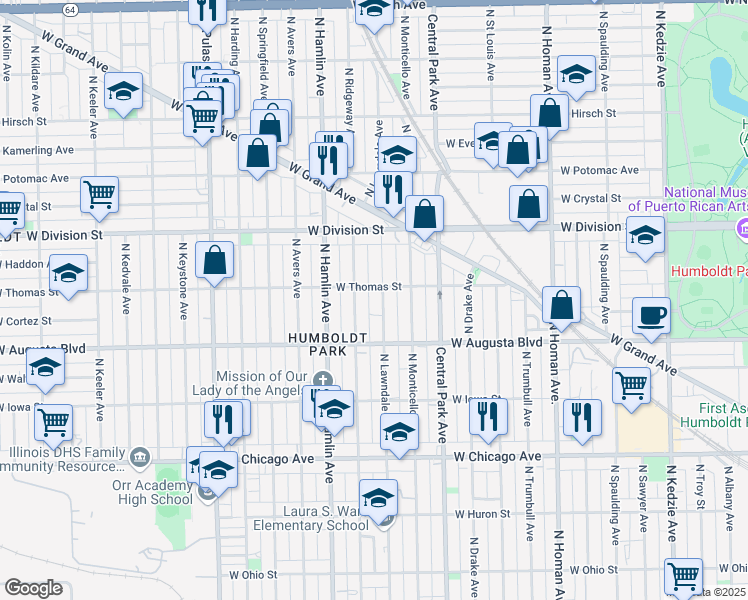 map of restaurants, bars, coffee shops, grocery stores, and more near 1101 North Ridgeway Avenue in Chicago